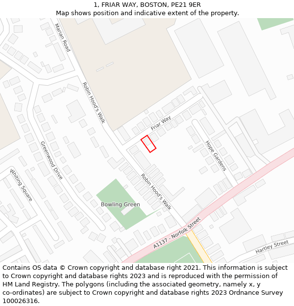 1, FRIAR WAY, BOSTON, PE21 9ER: Location map and indicative extent of plot