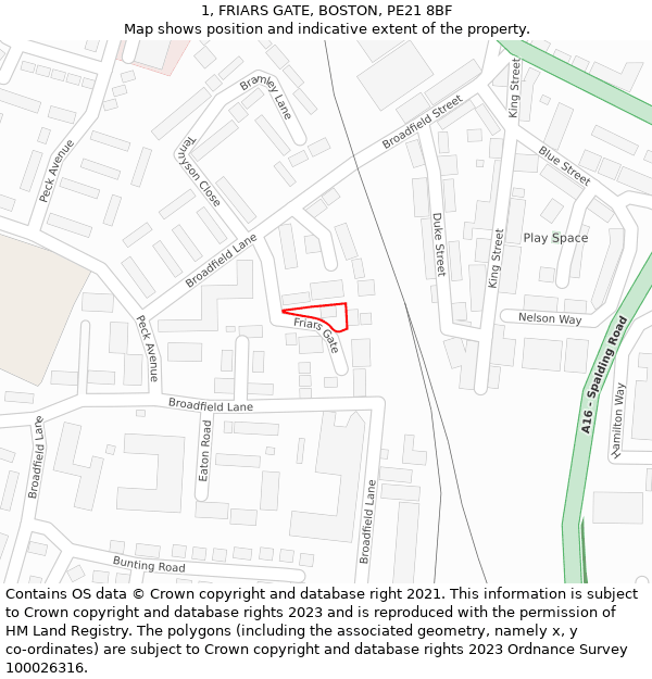 1, FRIARS GATE, BOSTON, PE21 8BF: Location map and indicative extent of plot