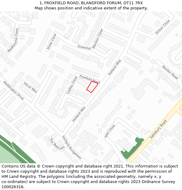 1, FROXFIELD ROAD, BLANDFORD FORUM, DT11 7RX: Location map and indicative extent of plot