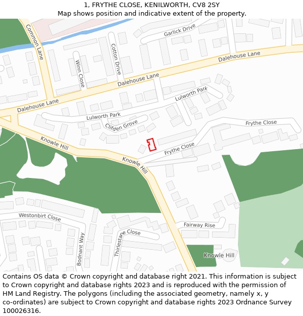 1, FRYTHE CLOSE, KENILWORTH, CV8 2SY: Location map and indicative extent of plot