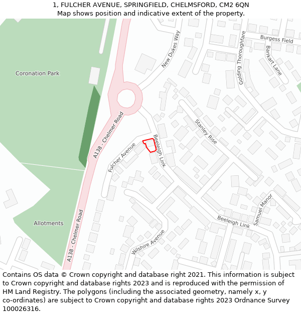 1, FULCHER AVENUE, SPRINGFIELD, CHELMSFORD, CM2 6QN: Location map and indicative extent of plot