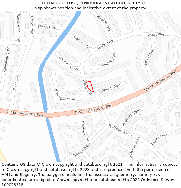 1, FULLMOOR CLOSE, PENKRIDGE, STAFFORD, ST19 5JQ: Location map and indicative extent of plot