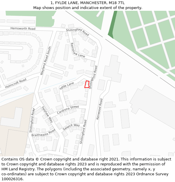 1, FYLDE LANE, MANCHESTER, M18 7TL: Location map and indicative extent of plot