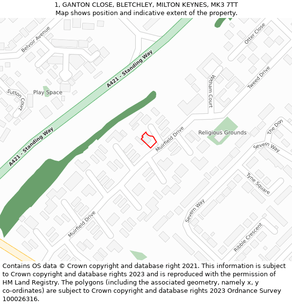 1, GANTON CLOSE, BLETCHLEY, MILTON KEYNES, MK3 7TT: Location map and indicative extent of plot