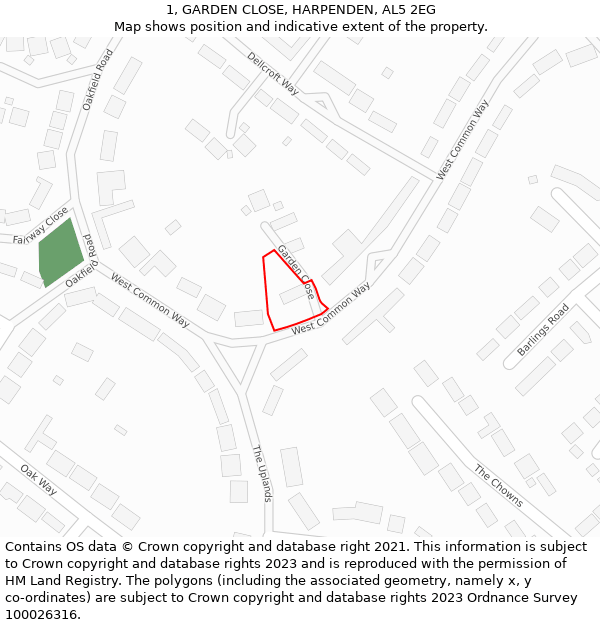 1, GARDEN CLOSE, HARPENDEN, AL5 2EG: Location map and indicative extent of plot