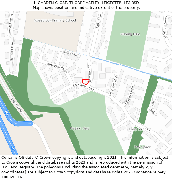 1, GARDEN CLOSE, THORPE ASTLEY, LEICESTER, LE3 3SD: Location map and indicative extent of plot