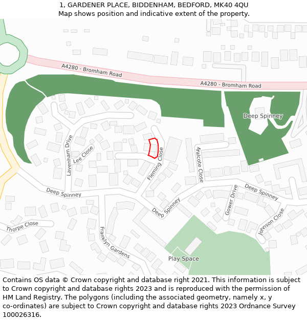 1, GARDENER PLACE, BIDDENHAM, BEDFORD, MK40 4QU: Location map and indicative extent of plot