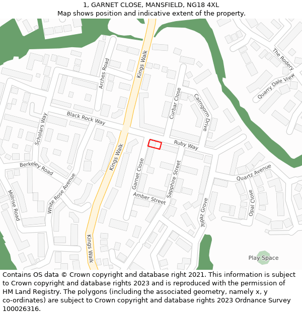 1, GARNET CLOSE, MANSFIELD, NG18 4XL: Location map and indicative extent of plot