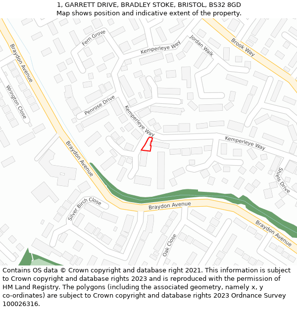 1, GARRETT DRIVE, BRADLEY STOKE, BRISTOL, BS32 8GD: Location map and indicative extent of plot