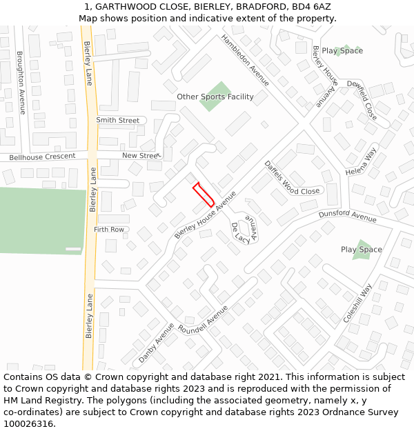 1, GARTHWOOD CLOSE, BIERLEY, BRADFORD, BD4 6AZ: Location map and indicative extent of plot