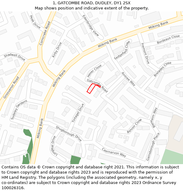 1, GATCOMBE ROAD, DUDLEY, DY1 2SX: Location map and indicative extent of plot