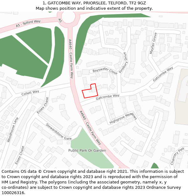 1, GATCOMBE WAY, PRIORSLEE, TELFORD, TF2 9GZ: Location map and indicative extent of plot