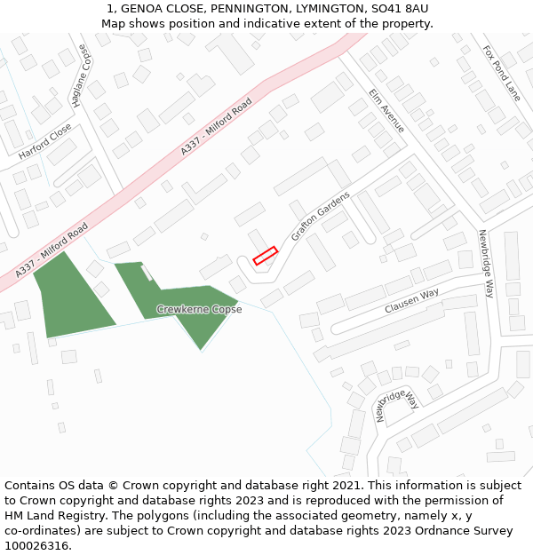 1, GENOA CLOSE, PENNINGTON, LYMINGTON, SO41 8AU: Location map and indicative extent of plot