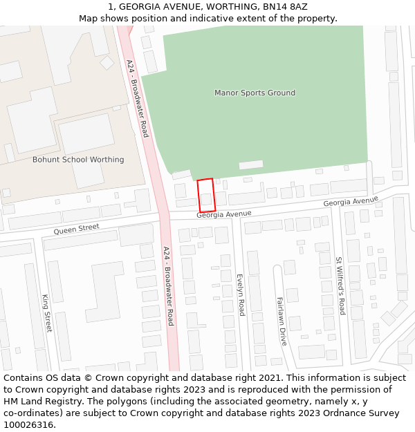 1, GEORGIA AVENUE, WORTHING, BN14 8AZ: Location map and indicative extent of plot