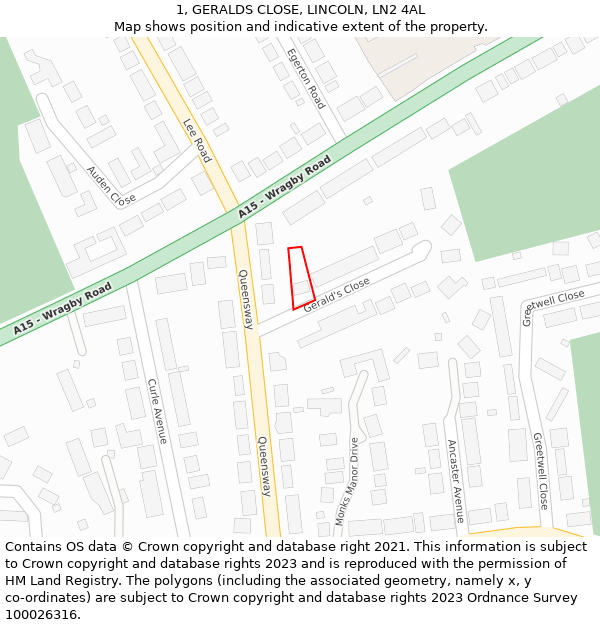 1, GERALDS CLOSE, LINCOLN, LN2 4AL: Location map and indicative extent of plot