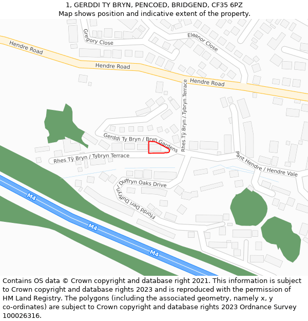 1, GERDDI TY BRYN, PENCOED, BRIDGEND, CF35 6PZ: Location map and indicative extent of plot