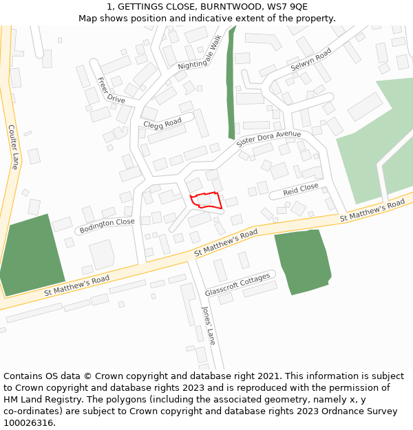 1, GETTINGS CLOSE, BURNTWOOD, WS7 9QE: Location map and indicative extent of plot