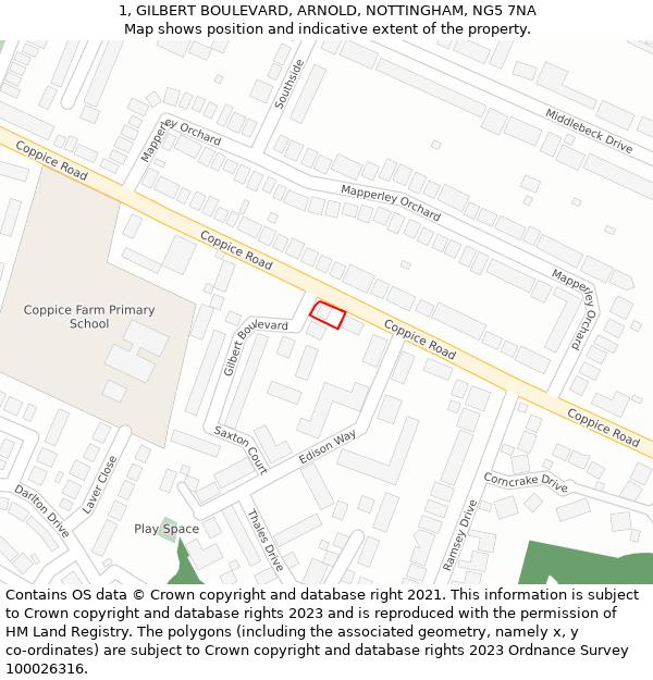 1, GILBERT BOULEVARD, ARNOLD, NOTTINGHAM, NG5 7NA: Location map and indicative extent of plot