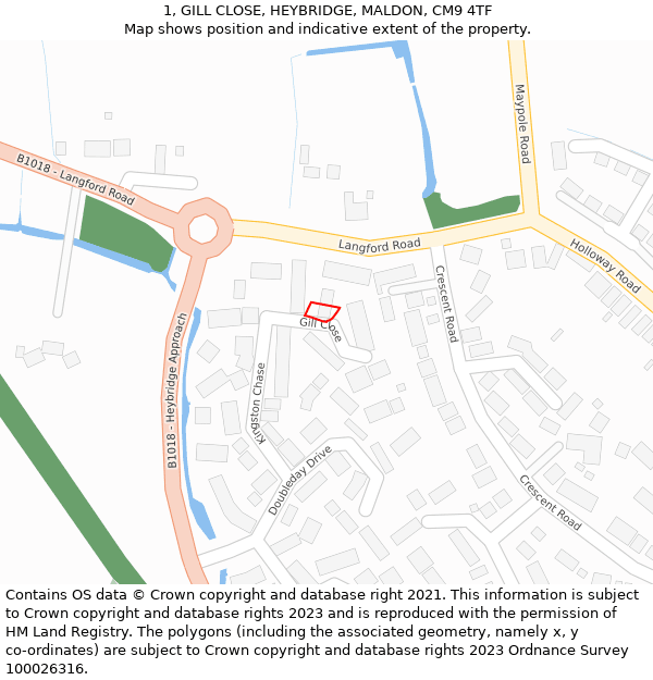 1, GILL CLOSE, HEYBRIDGE, MALDON, CM9 4TF: Location map and indicative extent of plot