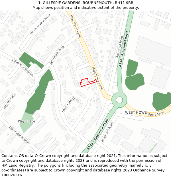1, GILLESPIE GARDENS, BOURNEMOUTH, BH11 9BB: Location map and indicative extent of plot