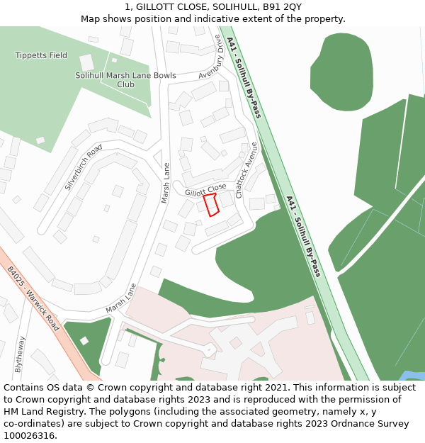 1, GILLOTT CLOSE, SOLIHULL, B91 2QY: Location map and indicative extent of plot