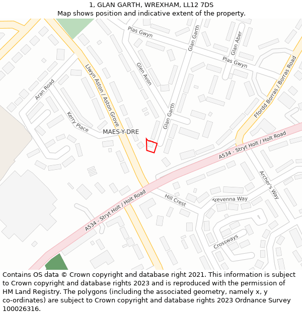 1, GLAN GARTH, WREXHAM, LL12 7DS: Location map and indicative extent of plot