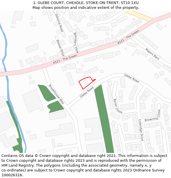 1, GLEBE COURT, CHEADLE, STOKE-ON-TRENT, ST10 1XU: Location map and indicative extent of plot