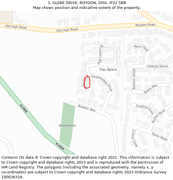 1, GLEBE DRIVE, ROYDON, DISS, IP22 5BB: Location map and indicative extent of plot