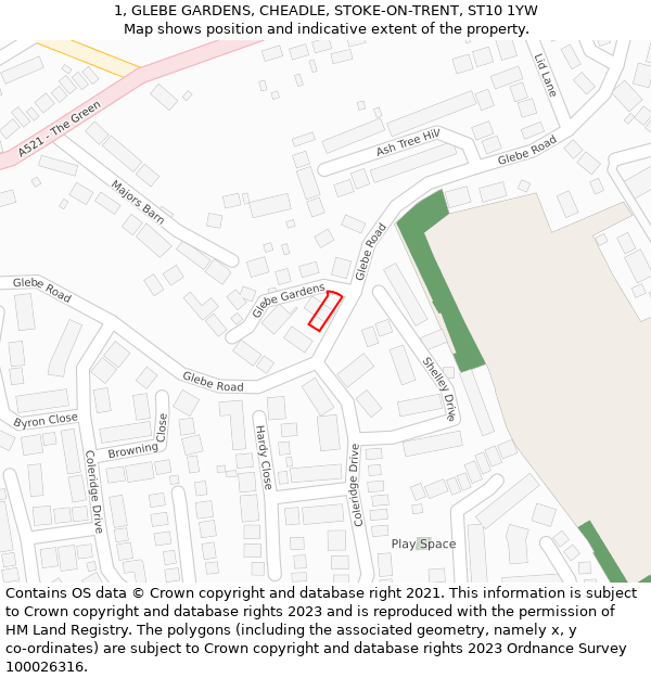 1, GLEBE GARDENS, CHEADLE, STOKE-ON-TRENT, ST10 1YW: Location map and indicative extent of plot