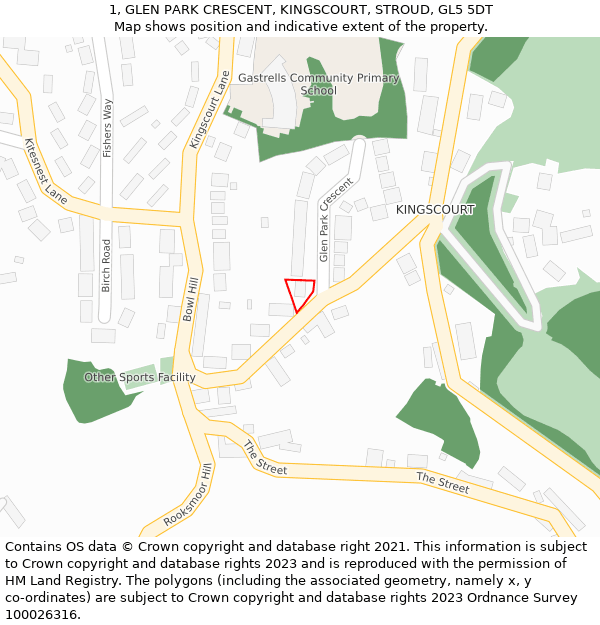 1, GLEN PARK CRESCENT, KINGSCOURT, STROUD, GL5 5DT: Location map and indicative extent of plot