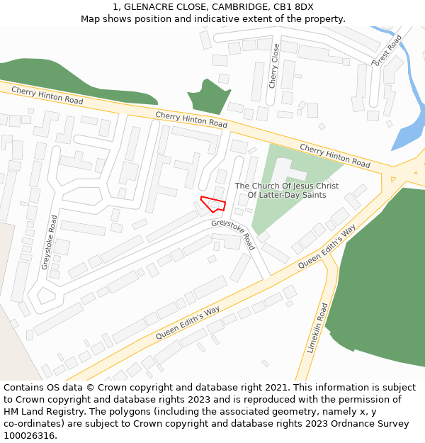1, GLENACRE CLOSE, CAMBRIDGE, CB1 8DX: Location map and indicative extent of plot
