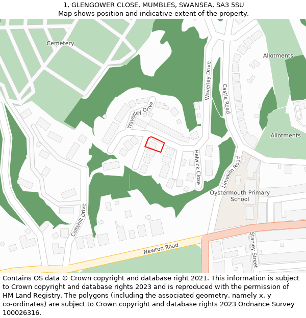 1, GLENGOWER CLOSE, MUMBLES, SWANSEA, SA3 5SU: Location map and indicative extent of plot