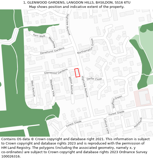 1, GLENWOOD GARDENS, LANGDON HILLS, BASILDON, SS16 6TU: Location map and indicative extent of plot