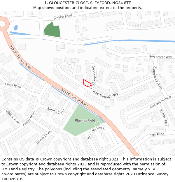 1, GLOUCESTER CLOSE, SLEAFORD, NG34 8TE: Location map and indicative extent of plot