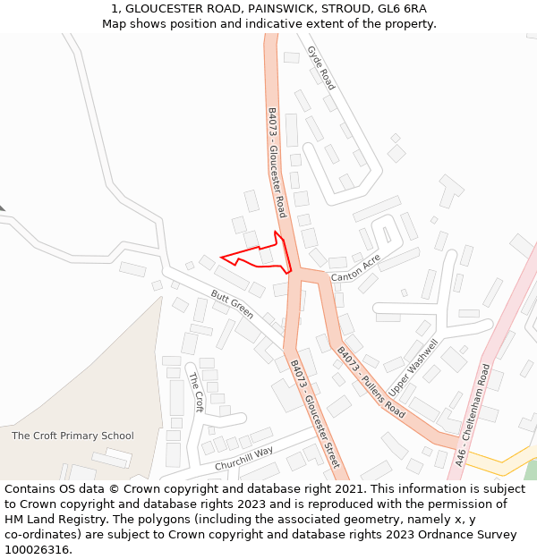 1, GLOUCESTER ROAD, PAINSWICK, STROUD, GL6 6RA: Location map and indicative extent of plot