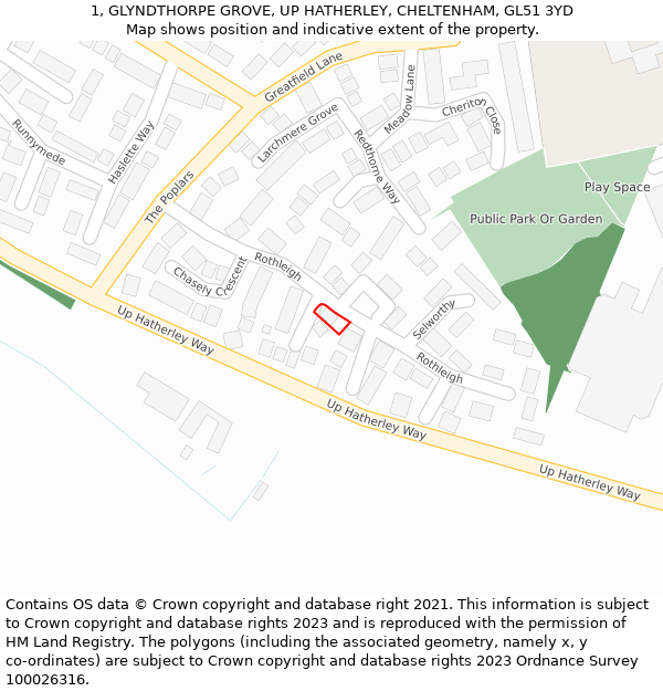 1, GLYNDTHORPE GROVE, UP HATHERLEY, CHELTENHAM, GL51 3YD: Location map and indicative extent of plot