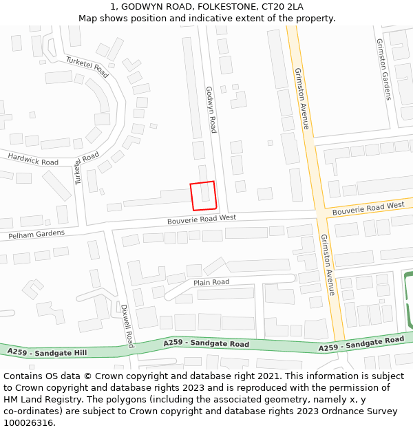 1, GODWYN ROAD, FOLKESTONE, CT20 2LA: Location map and indicative extent of plot