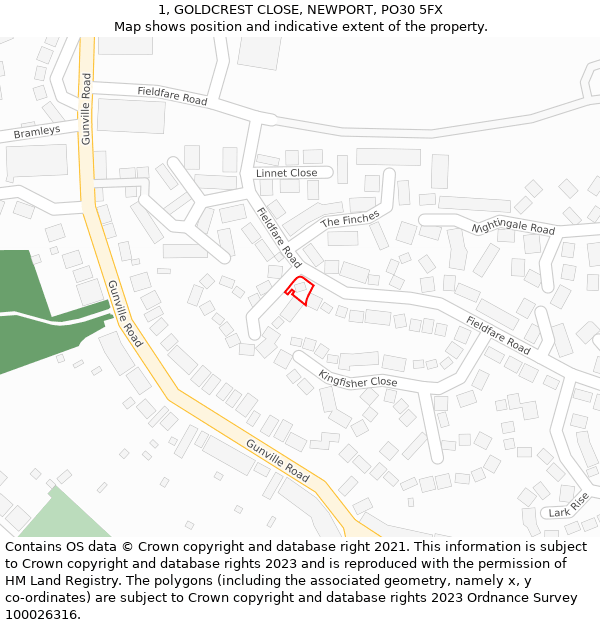 1, GOLDCREST CLOSE, NEWPORT, PO30 5FX: Location map and indicative extent of plot