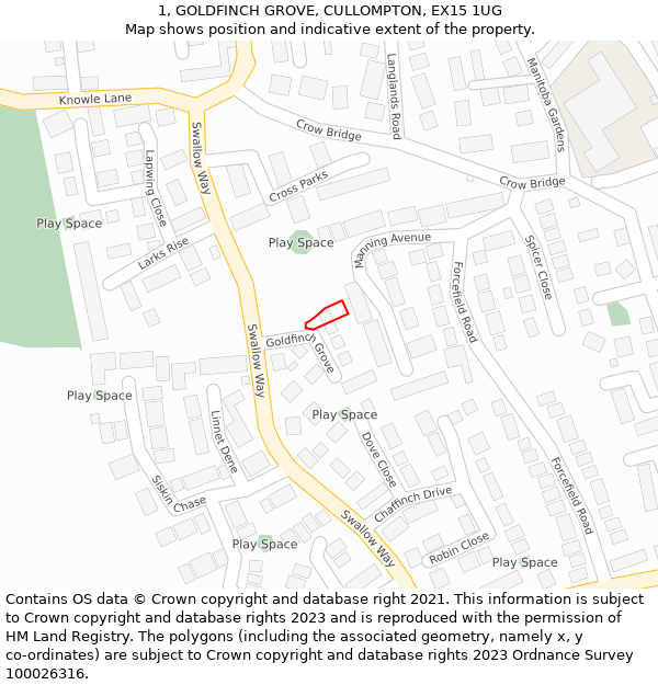 1, GOLDFINCH GROVE, CULLOMPTON, EX15 1UG: Location map and indicative extent of plot