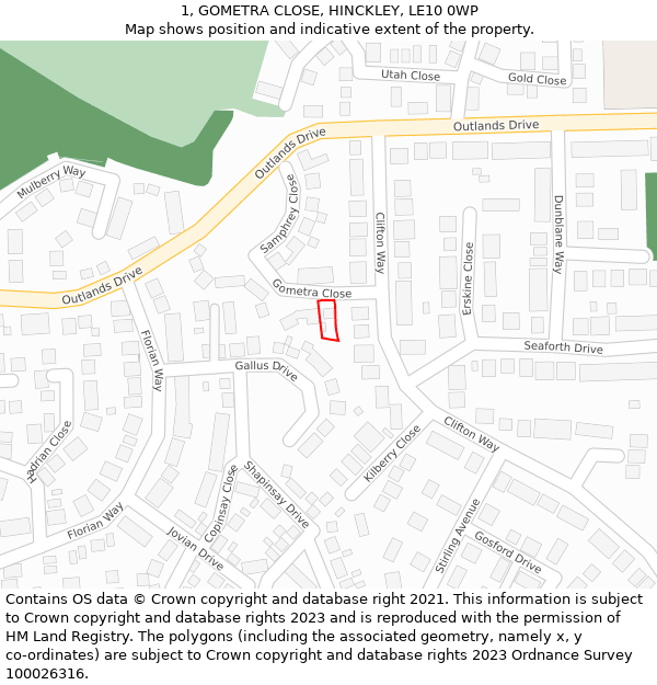 1, GOMETRA CLOSE, HINCKLEY, LE10 0WP: Location map and indicative extent of plot