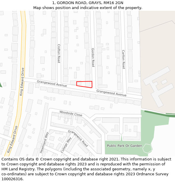 1, GORDON ROAD, GRAYS, RM16 2GN: Location map and indicative extent of plot