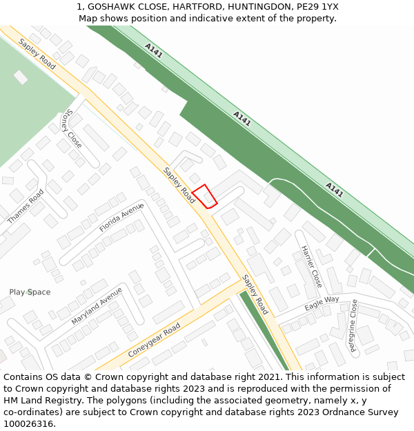 1, GOSHAWK CLOSE, HARTFORD, HUNTINGDON, PE29 1YX: Location map and indicative extent of plot