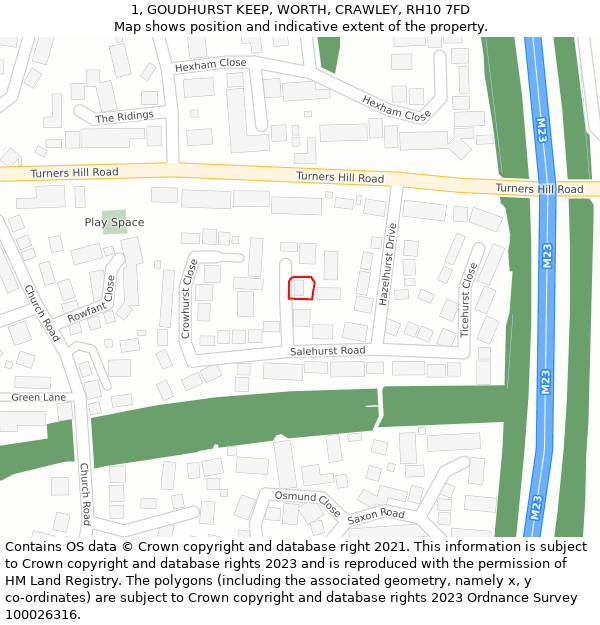 1, GOUDHURST KEEP, WORTH, CRAWLEY, RH10 7FD: Location map and indicative extent of plot