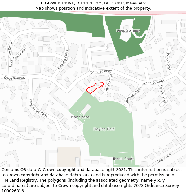 1, GOWER DRIVE, BIDDENHAM, BEDFORD, MK40 4PZ: Location map and indicative extent of plot