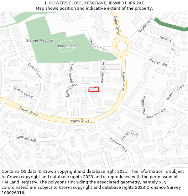1, GOWERS CLOSE, KESGRAVE, IPSWICH, IP5 2XE: Location map and indicative extent of plot