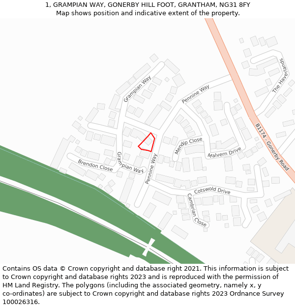 1, GRAMPIAN WAY, GONERBY HILL FOOT, GRANTHAM, NG31 8FY: Location map and indicative extent of plot