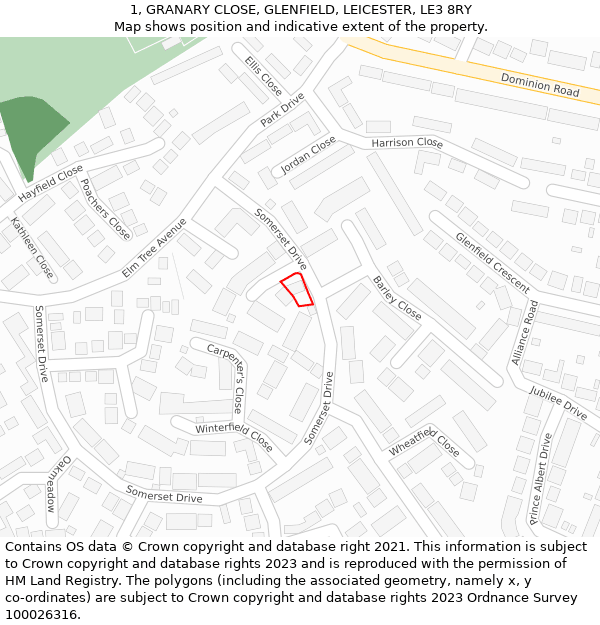 1, GRANARY CLOSE, GLENFIELD, LEICESTER, LE3 8RY: Location map and indicative extent of plot