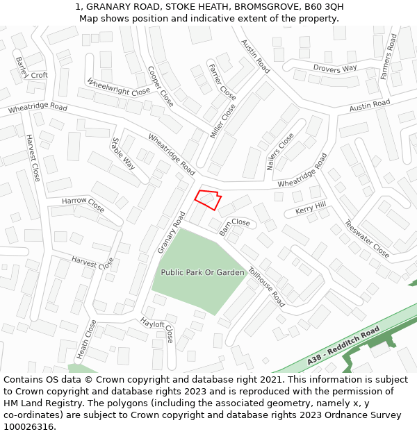 1, GRANARY ROAD, STOKE HEATH, BROMSGROVE, B60 3QH: Location map and indicative extent of plot