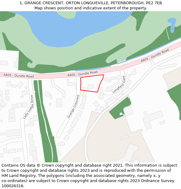 1, GRANGE CRESCENT, ORTON LONGUEVILLE, PETERBOROUGH, PE2 7EB: Location map and indicative extent of plot