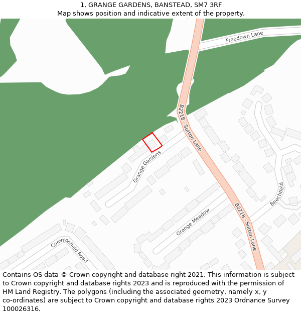 1, GRANGE GARDENS, BANSTEAD, SM7 3RF: Location map and indicative extent of plot